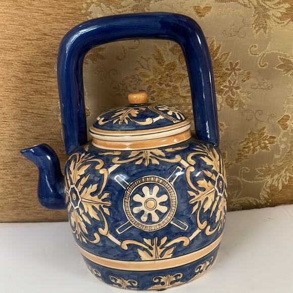 ANTIQUE CHINESE YELLOW‎ COBALT BLUE CERAMIC POTTERY TALL HANDLE TEA POT - Picture 2 of 8